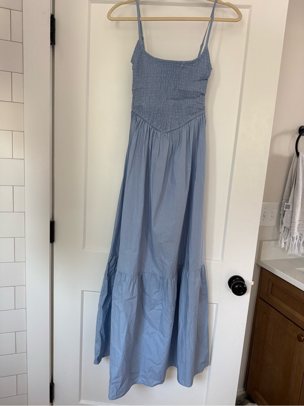 Strapless Smocked Bodice Midi Dress in Dusty Blue